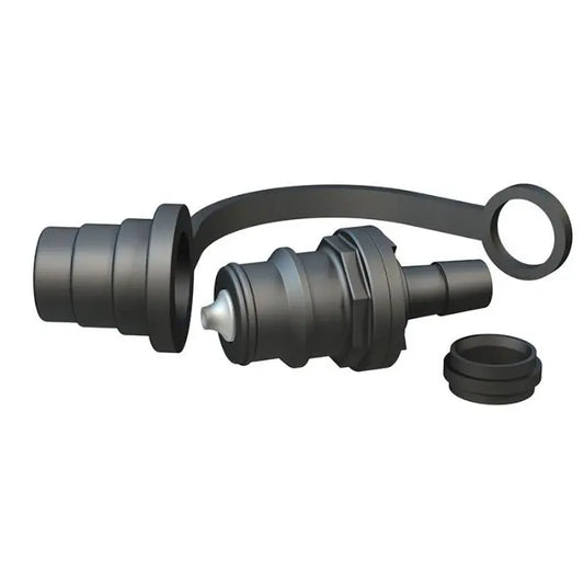 BA-QDV-500 - Flow-Rite standard male coupler with 3/8″ barb used on Millennium and Pro-Fill systems with Dust Cover